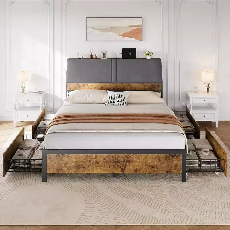 Platform Bed Frame with Upholstered Headboard, Charging Station, Durable Metal Frame, Noiseless, No Spring Mattress Required, Easy to Assemble