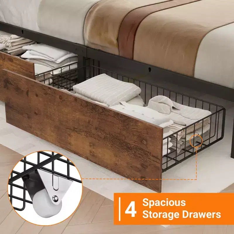 Platform Bed Frame with Upholstered Headboard, Charging Station, Durable Metal Frame, Noiseless, No Spring Mattress Required, Easy to Assemble