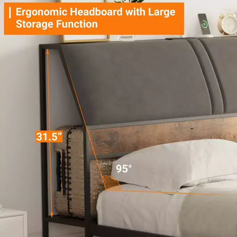 Platform Bed Frame with Upholstered Headboard, Charging Station, Durable Metal Frame, Noiseless, No Spring Mattress Required, Easy to Assemble