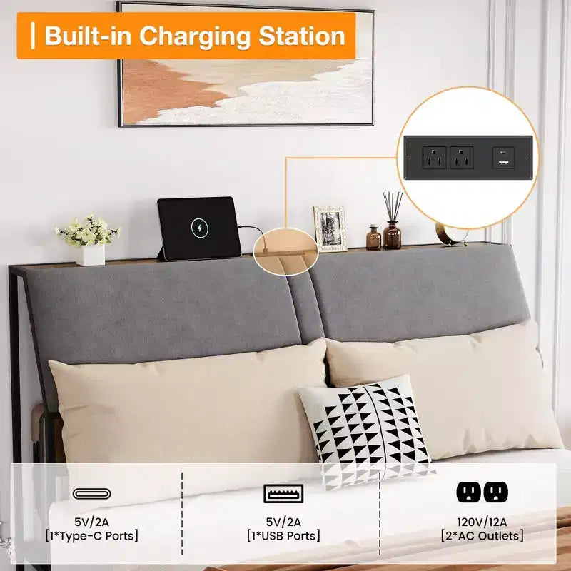 Platform Bed Frame with Upholstered Headboard, Charging Station, Durable Metal Frame, Noiseless, No Spring Mattress Required, Easy to Assemble