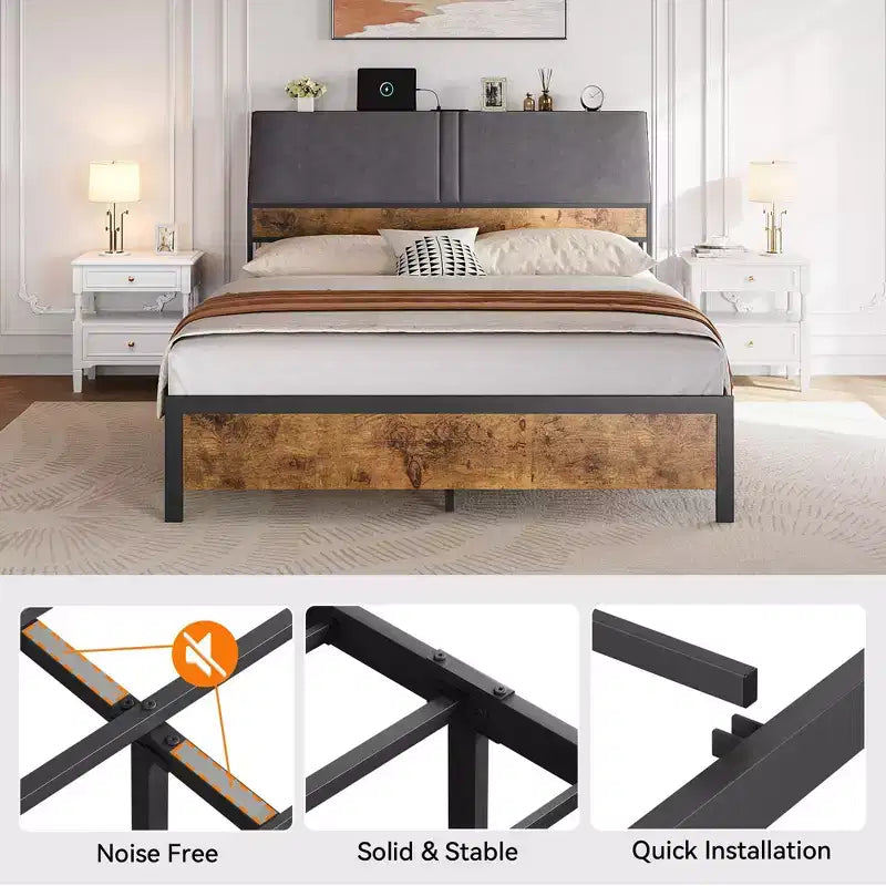 Platform Bed Frame with Upholstered Headboard, Charging Station, Durable Metal Frame, Noiseless, No Spring Mattress Required, Easy to Assemble