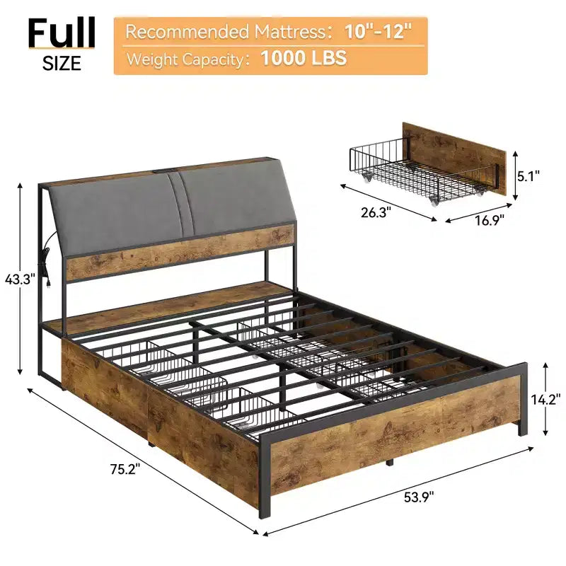 Platform Bed Frame with Upholstered Headboard, Charging Station, Durable Metal Frame, Noiseless, No Spring Mattress Required, Easy to Assemble