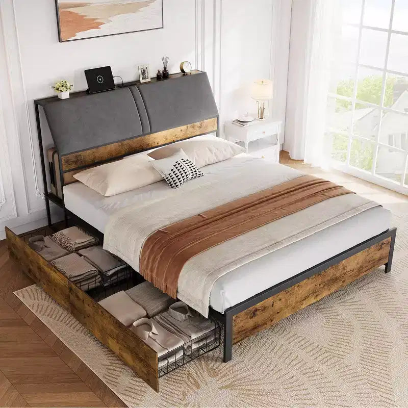 Platform Bed Frame with Upholstered Headboard, Charging Station, Durable Metal Frame, Noiseless, No Spring Mattress Required, Easy to Assemble