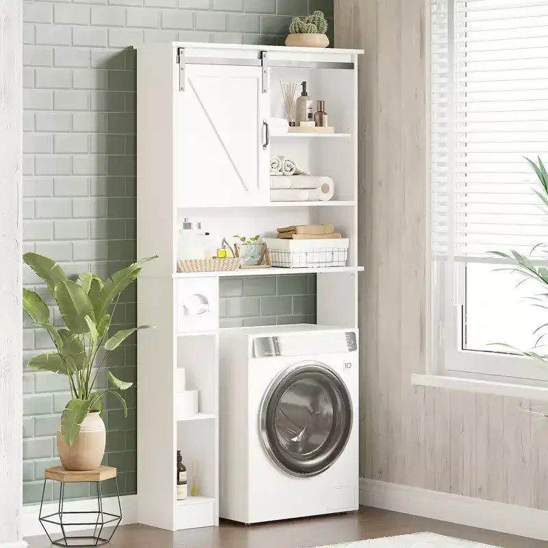 Over the Toilet Storage Cabinet with Sliding Barn Door, Bathroom Organizer Rack with Adjustable Shelf & Toilet Paper Holder for Bathroom