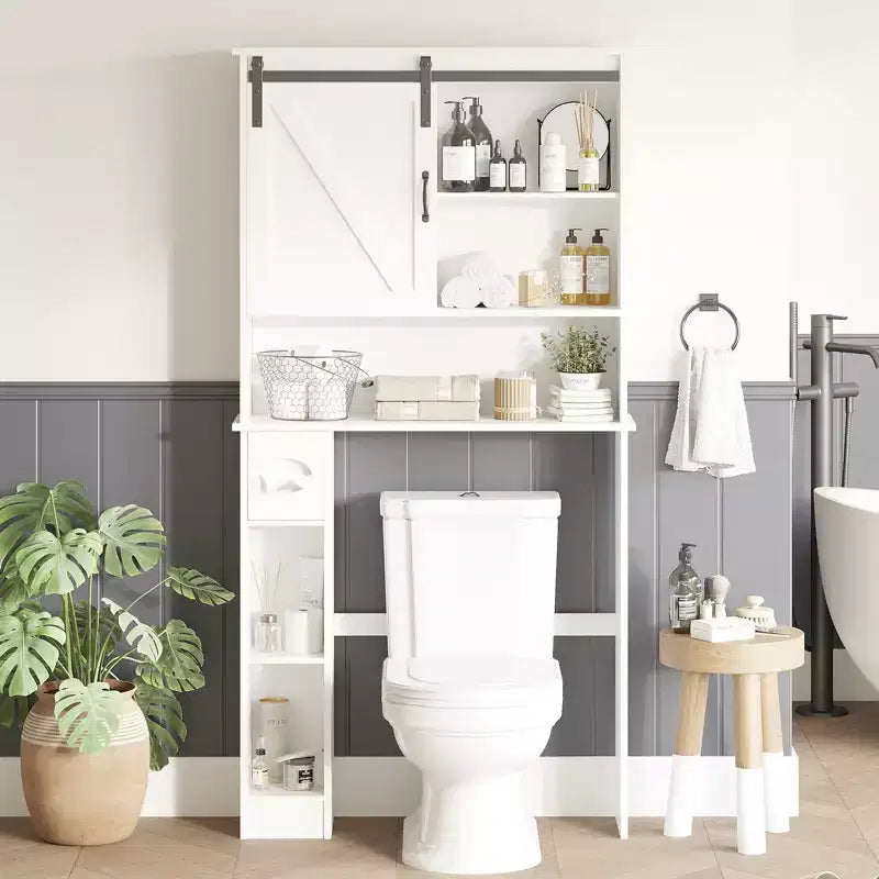 Over the Toilet Storage Cabinet with Sliding Barn Door, Bathroom Organizer Rack with Adjustable Shelf & Toilet Paper Holder for Bathroom