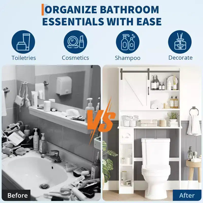Over the Toilet Storage Cabinet with Sliding Barn Door, Bathroom Organizer Rack with Adjustable Shelf & Toilet Paper Holder for Bathroom