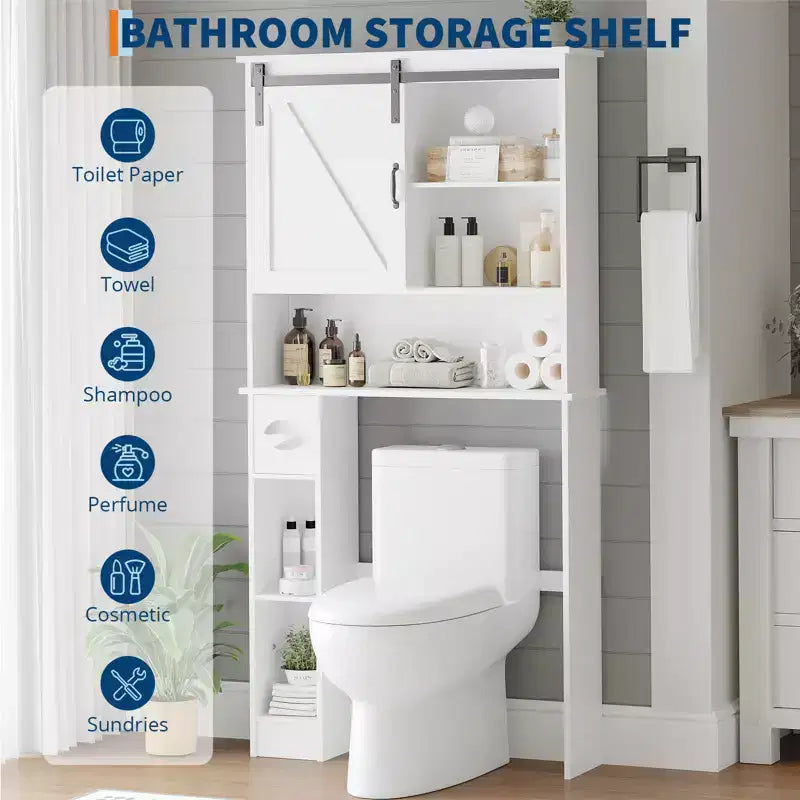 Over the Toilet Storage Cabinet with Sliding Barn Door, Bathroom Organizer Rack with Adjustable Shelf & Toilet Paper Holder for Bathroom