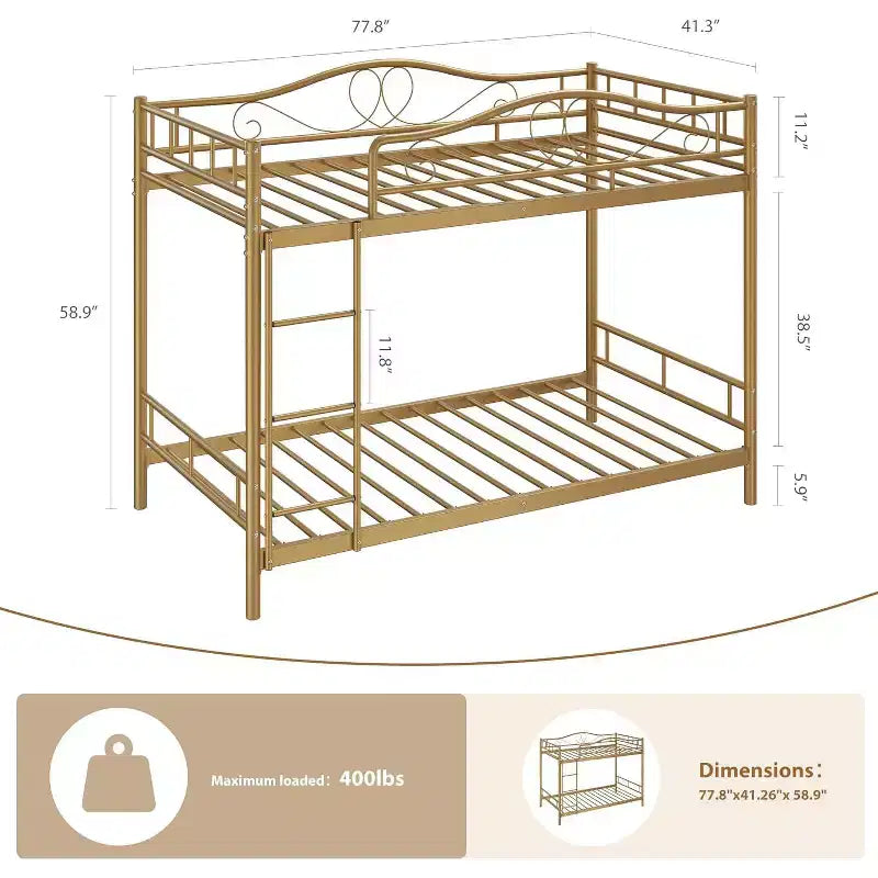 Twin Over Twin Bunk Bed, Heavy Duty Metal Frame Full Length Guardrails 400 Capacity