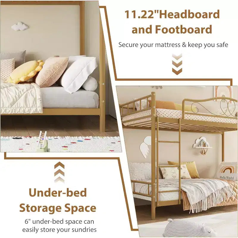 Twin Over Twin Bunk Bed, Heavy Duty Metal Frame Full Length Guardrails 400 Capacity
