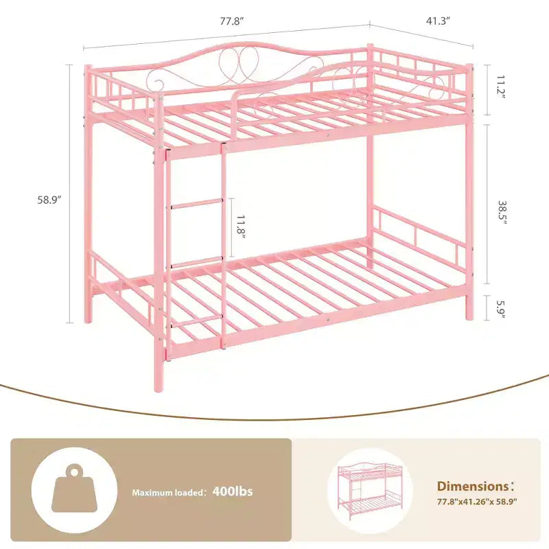 Twin Over Twin Bunk Bed, Heavy Duty Metal Frame Full Length Guardrails 400 Capacity