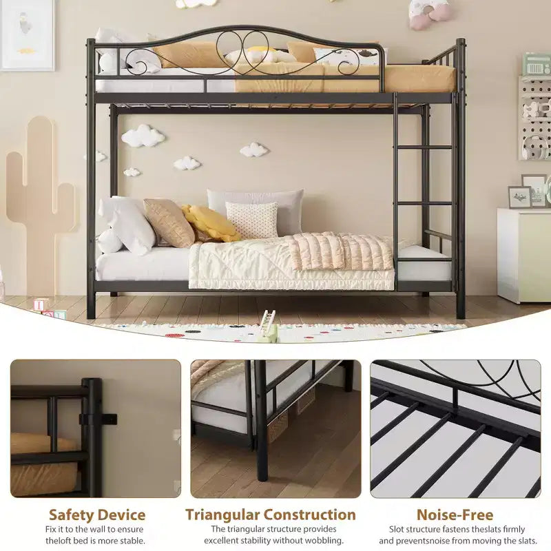 Twin Over Twin Bunk Bed, Heavy Duty Metal Frame Full Length Guardrails 400 Capacity