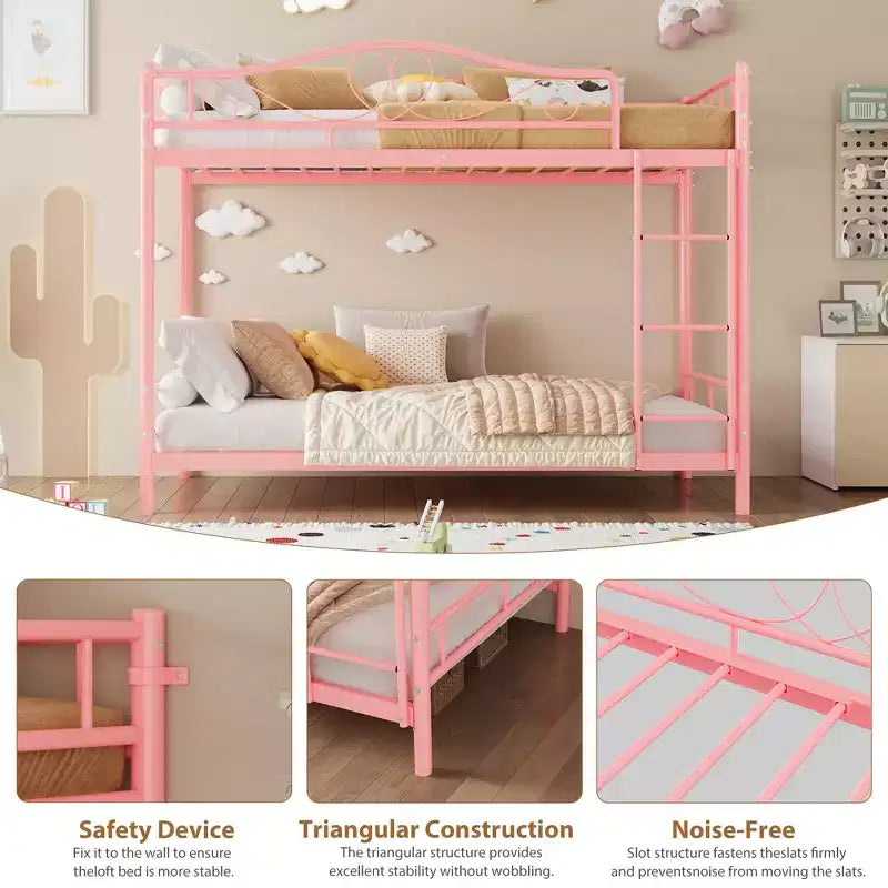 Twin Over Twin Bunk Bed, Heavy Duty Metal Frame Full Length Guardrails 400 Capacity