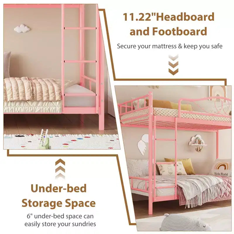 Twin Over Twin Bunk Bed, Heavy Duty Metal Frame Full Length Guardrails 400 Capacity