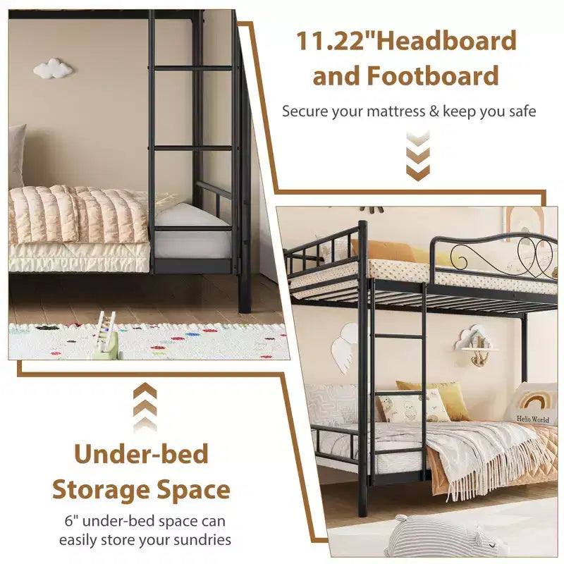 Twin Over Twin Bunk Bed, Heavy Duty Metal Frame Full Length Guardrails 400 Capacity