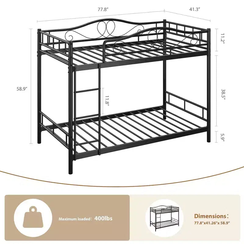 Twin Over Twin Bunk Bed, Heavy Duty Metal Frame Full Length Guardrails 400 Capacity