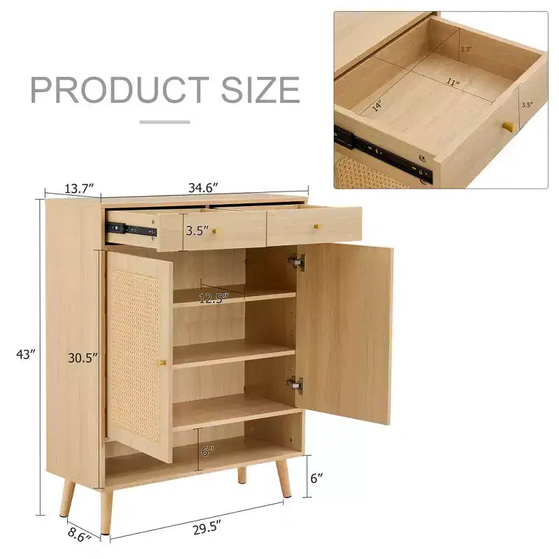 Scarpiera in Stile Rattan in Legno di Noce/Legno Naturale con Ante e Cassetti – Indipendente, Contiene 15 Paia