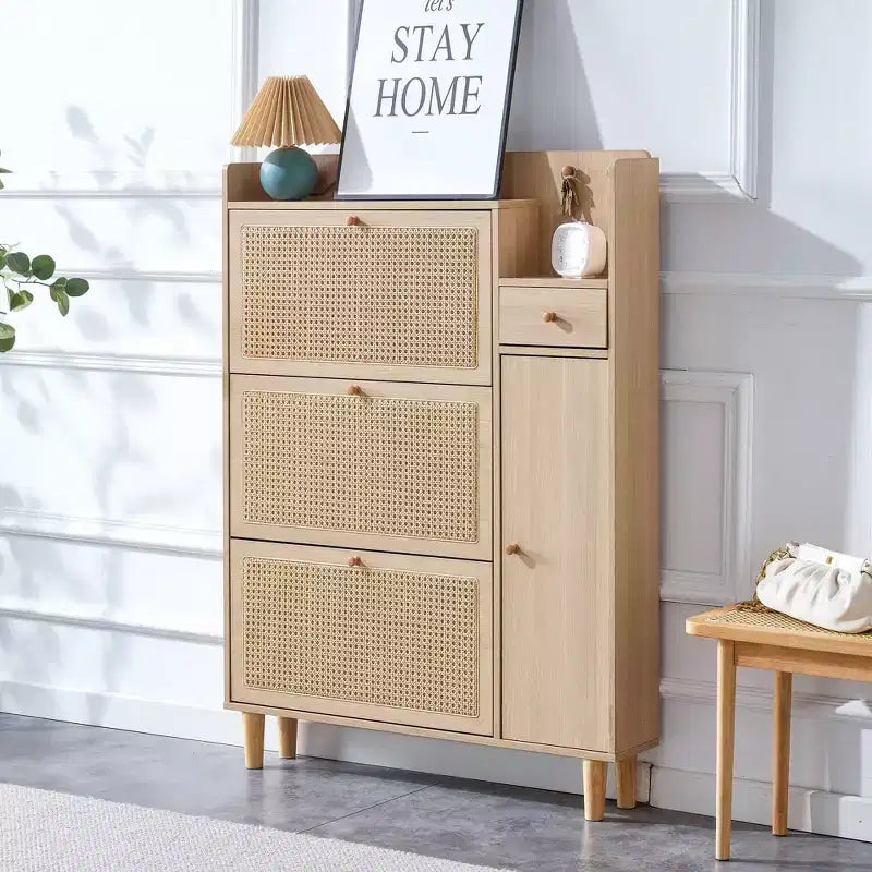 Scarpiera in Stile Rattan in Legno di Noce/Legno Naturale con Ante e Cassetti – Indipendente, Contiene 15 Paia
