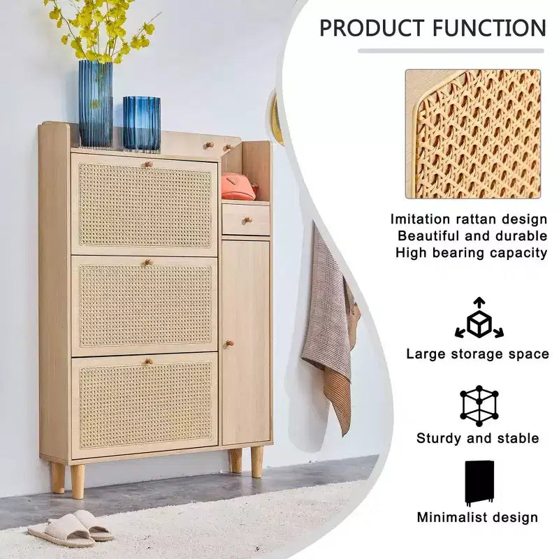 Scarpiera in Stile Rattan in Legno di Noce/Legno Naturale con Ante e Cassetti – Indipendente, Contiene 15 Paia