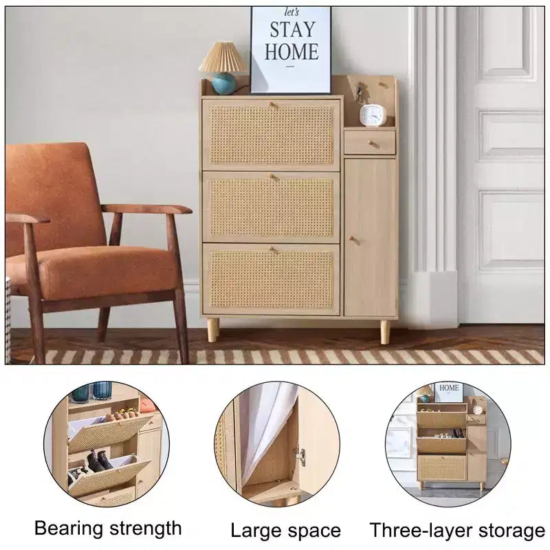 Scarpiera in Stile Rattan in Legno di Noce/Legno Naturale con Ante e Cassetti – Indipendente, Contiene 15 Paia