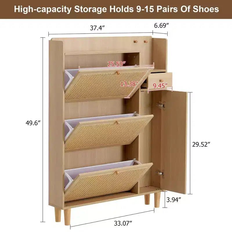 Scarpiera in Stile Rattan in Legno di Noce/Legno Naturale con Ante e Cassetti – Indipendente, Contiene 15 Paia
