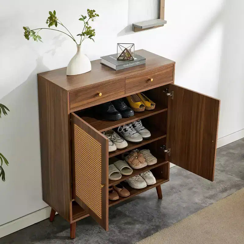 Scarpiera in Stile Rattan in Legno di Noce/Legno Naturale con Ante e Cassetti – Indipendente, Contiene 15 Paia