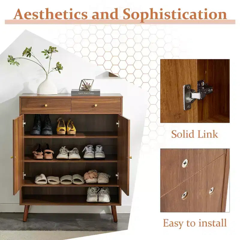 Okak Mid-Century Wood-Colored Rattan Design Shoe Cabinet SideBoard with Doors & Drawers,Freestanding Shoe Rack for Foyer,Entrances