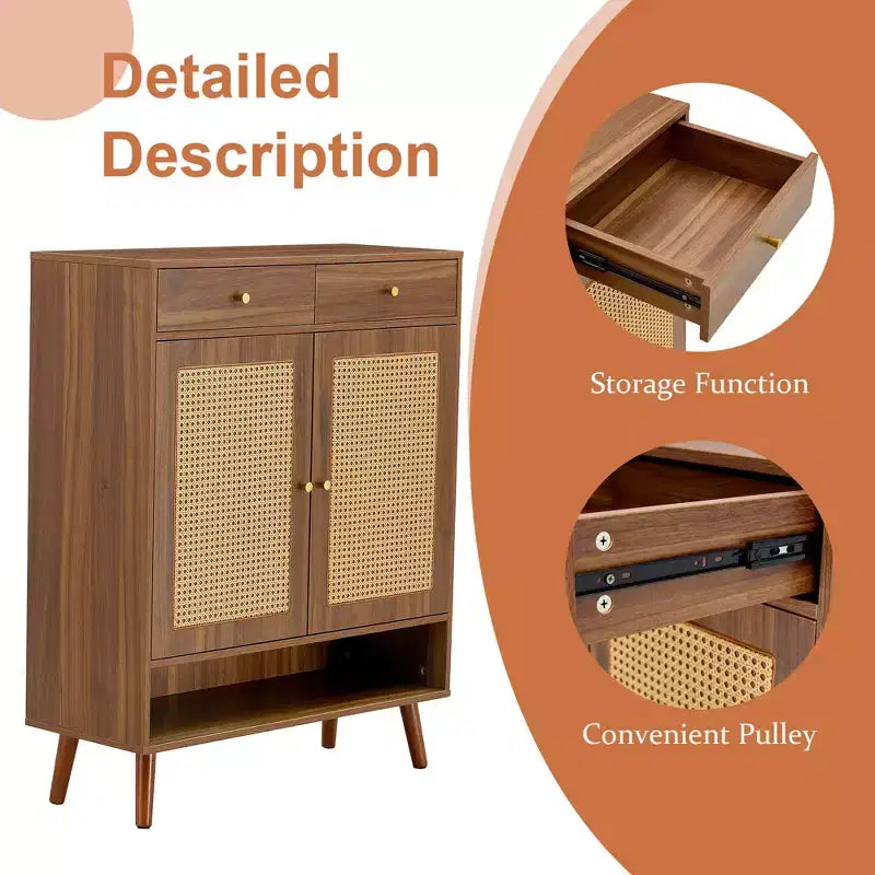 Okak Mid-Century Wood-Colored Rattan Design Shoe Cabinet SideBoard with Doors & Drawers,Freestanding Shoe Rack for Foyer,Entrances