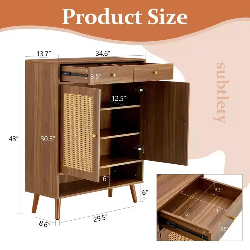 Okak Mid-Century Wood-Colored Rattan Design Shoe Cabinet SideBoard with Doors & Drawers,Freestanding Shoe Rack for Foyer,Entrances