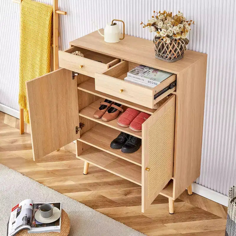 Scarpiera in Stile Rattan in Legno di Noce/Legno Naturale con Ante e Cassetti – Indipendente, Contiene 15 Paia
