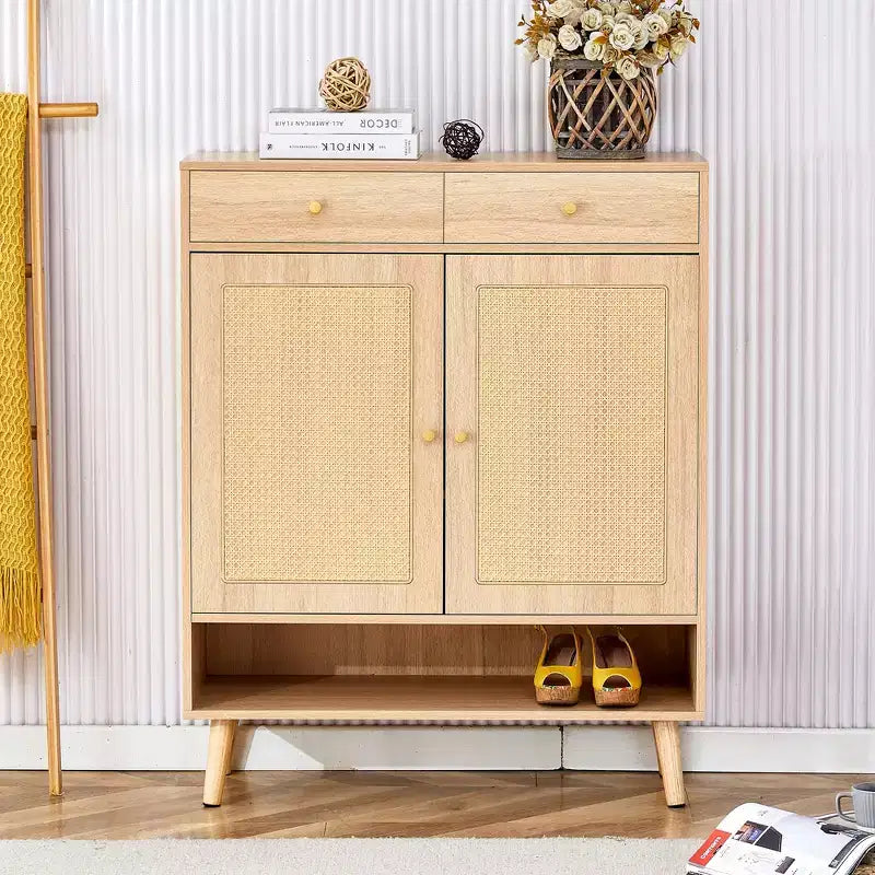 Scarpiera in Stile Rattan in Legno di Noce/Legno Naturale con Ante e Cassetti – Indipendente, Contiene 15 Paia
