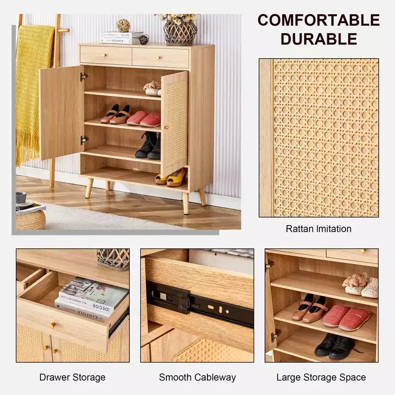 Scarpiera in Stile Rattan in Legno di Noce/Legno Naturale con Ante e Cassetti – Indipendente, Contiene 15 Paia