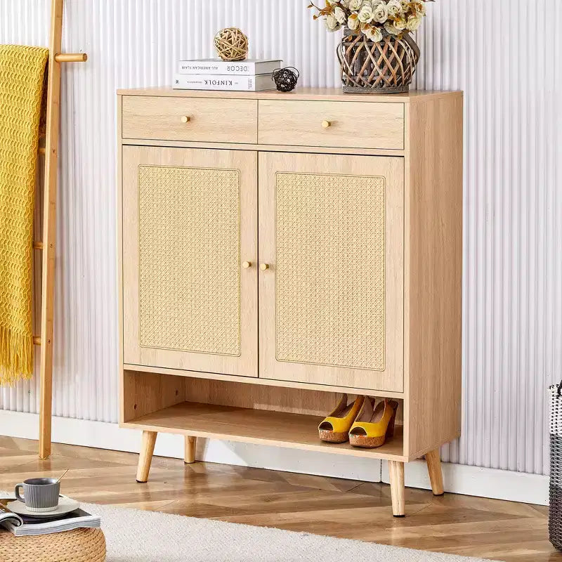 Okak Mid-Century Wood-Colored Rattan Design Shoe Cabinet SideBoard with Doors & Drawers,Freestanding Shoe Rack for Foyer,Entrances