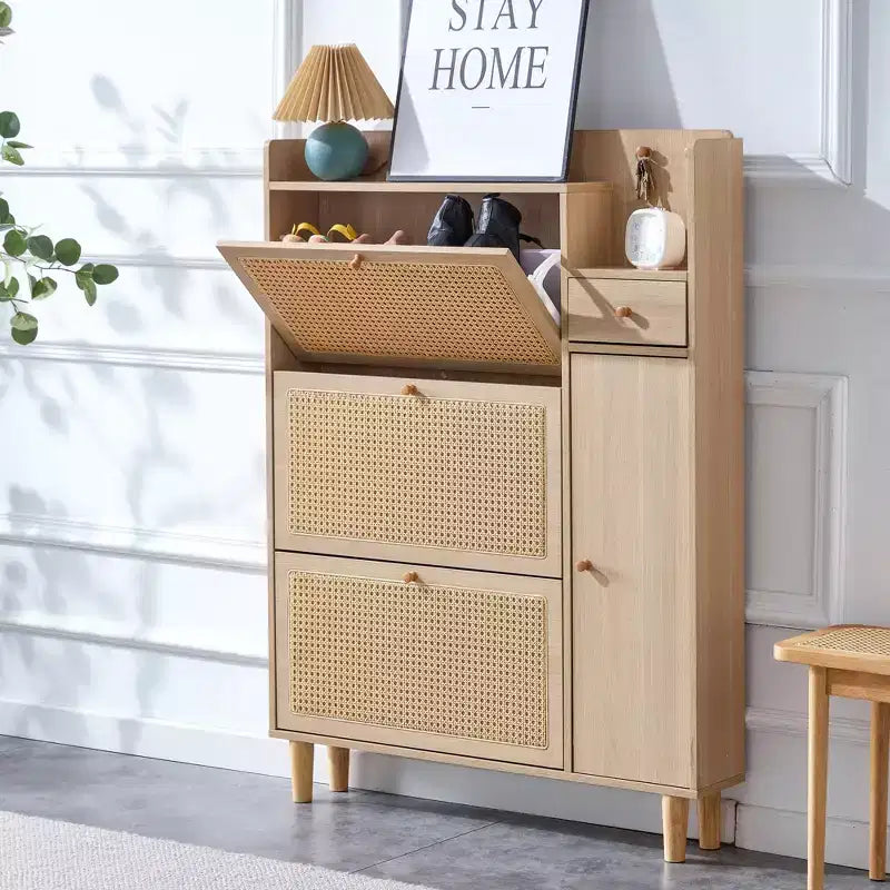 Okak Mid-Century Wood-Colored Rattan Design Shoe Cabinet SideBoard with Doors & Drawers,Freestanding Shoe Rack for Foyer,Entrances