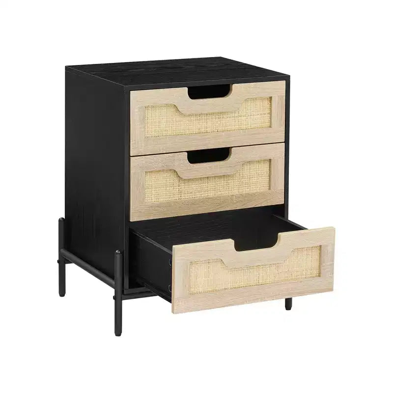 Rattan Nightstand with 3 Drawers, Compact Bedside Table, Wooden Rustic End Table with Storage, Metal Legs, for Bedroom, Living Room, Easy Assembly