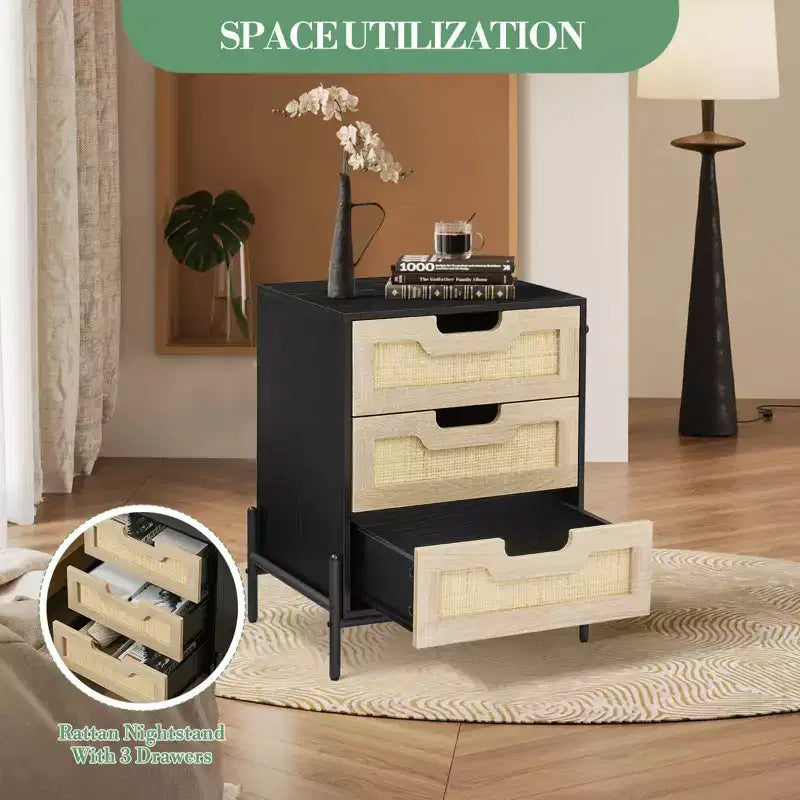 Rattan Nightstand with 3 Drawers, Compact Bedside Table, Wooden Rustic End Table with Storage, Metal Legs, for Bedroom, Living Room, Easy Assembly
