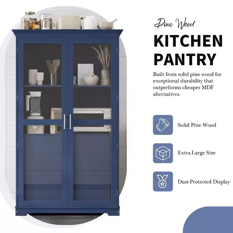 44.7x20x75inch Kitchen Pantry, Freestanding Kitchen Storage Cabinet Display Cabinet with Glass Doors and 4 Built-in Drawers for Living Room