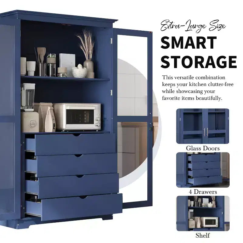 44.7x20x75inch Kitchen Pantry, Freestanding Kitchen Storage Cabinet Display Cabinet with Glass Doors and 4 Built-in Drawers for Living Room
