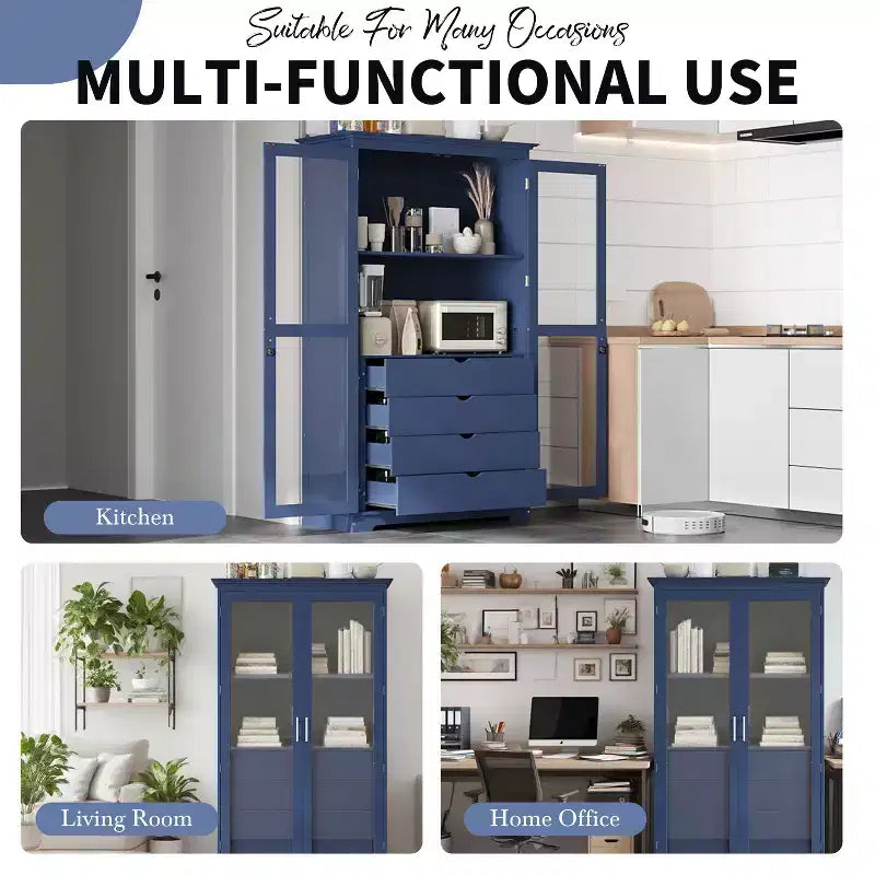 44.7x20x75inch Kitchen Pantry, Freestanding Kitchen Storage Cabinet Display Cabinet with Glass Doors and 4 Built-in Drawers for Living Room