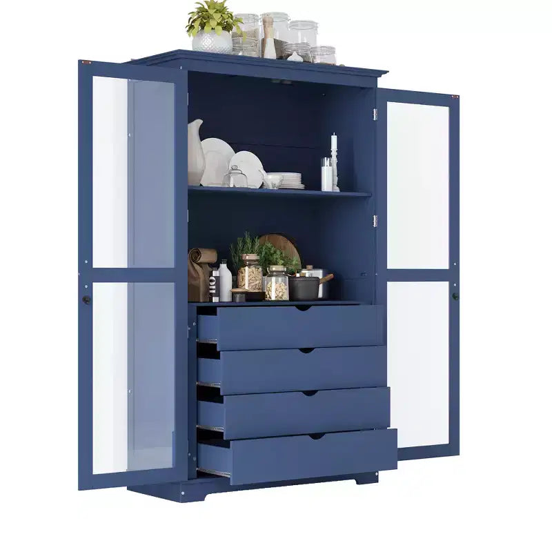 44.7x20x75inch Kitchen Pantry, Freestanding Kitchen Storage Cabinet Display Cabinet with Glass Doors and 4 Built-in Drawers for Living Room