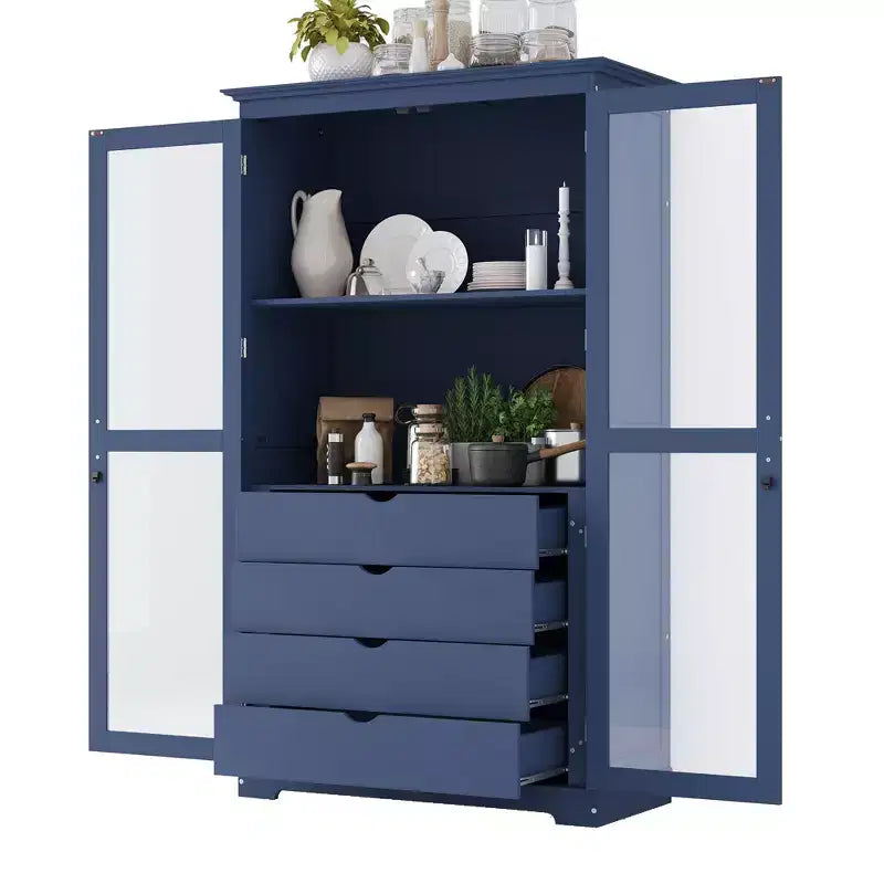 44.7x20x75inch Kitchen Pantry, Freestanding Kitchen Storage Cabinet Display Cabinet with Glass Doors and 4 Built-in Drawers for Living Room