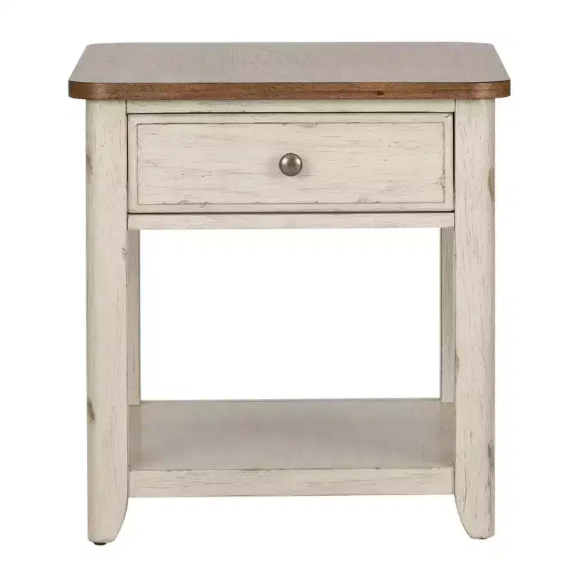 Liberty Furniture,Farmhouse Reimagined End Table with Basket in Antique White w/ Chestnut Top