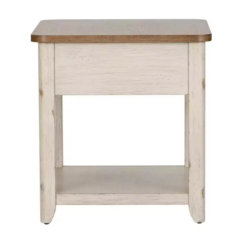 Liberty Furniture,Farmhouse Reimagined End Table with Basket in Antique White w/ Chestnut Top