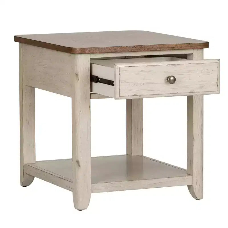 Liberty Furniture,Farmhouse Reimagined End Table with Basket in Antique White w/ Chestnut Top