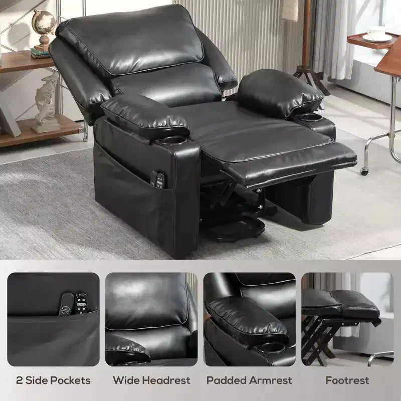 Power Lift Chair for Elderly, Faux Leather Recliner Sofa with Vibration Massage and Heat, Remote, Side Pockets