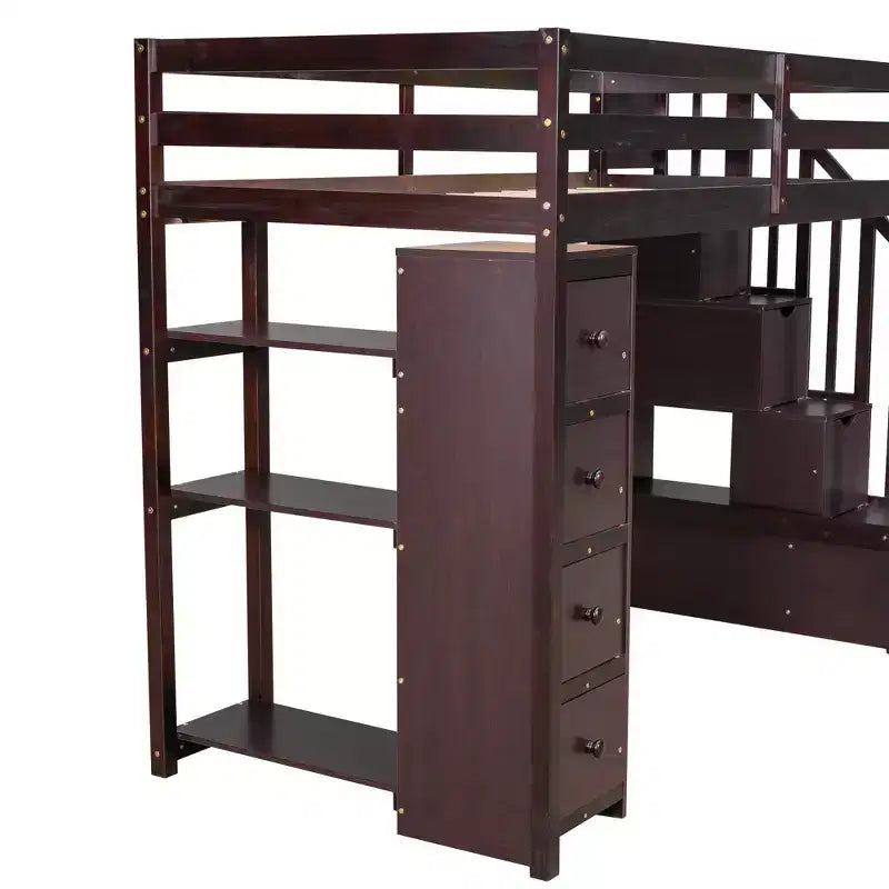 Whisen Twin size Wooden Loft Bed with Storage Drawers and Stairs, Shelves