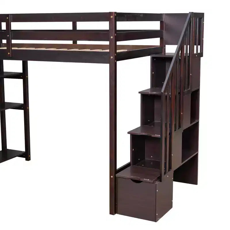 Whisen Twin size Wooden Loft Bed with Storage Drawers and Stairs, Shelves