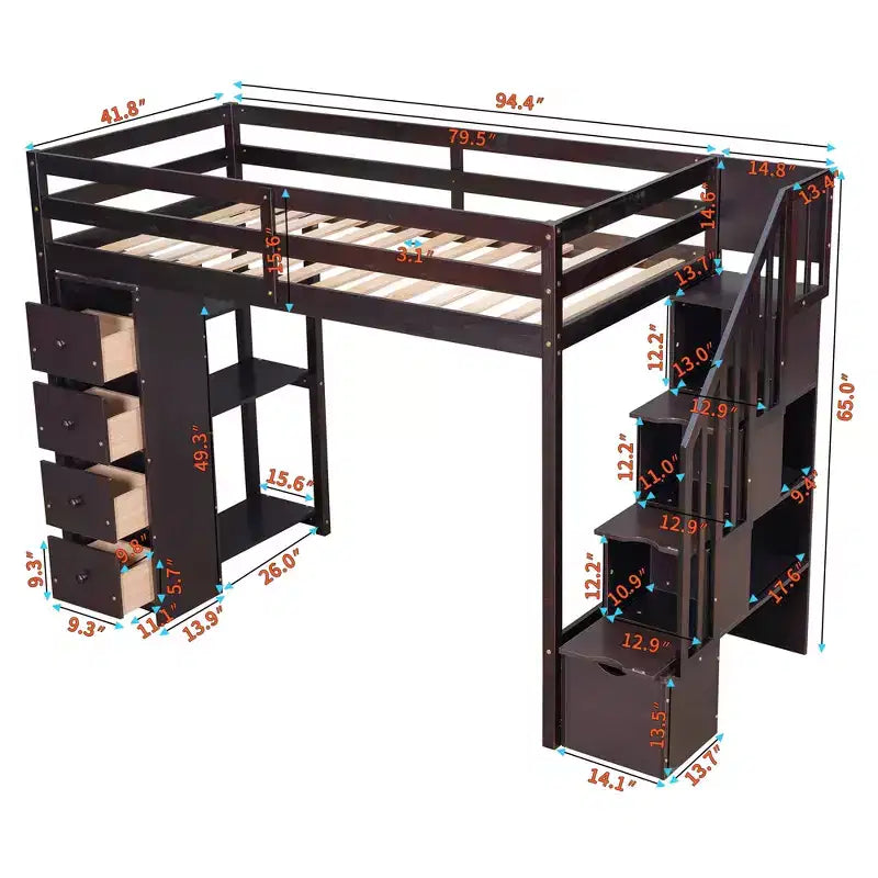 Whisen Twin size Wooden Loft Bed with Storage Drawers and Stairs, Shelves