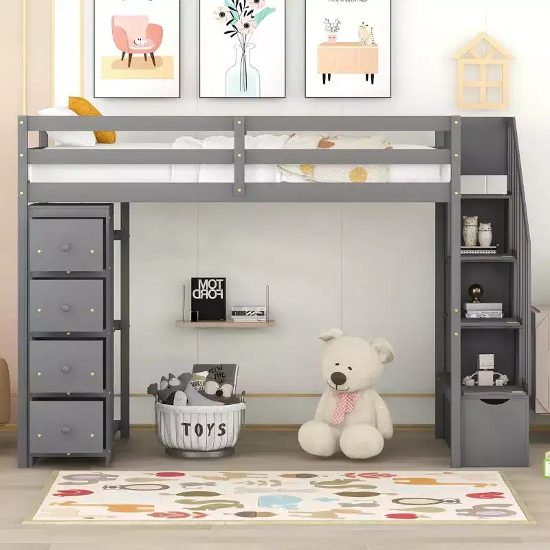 Whisen Twin size Wooden Loft Bed with Storage Drawers and Stairs, Shelves
