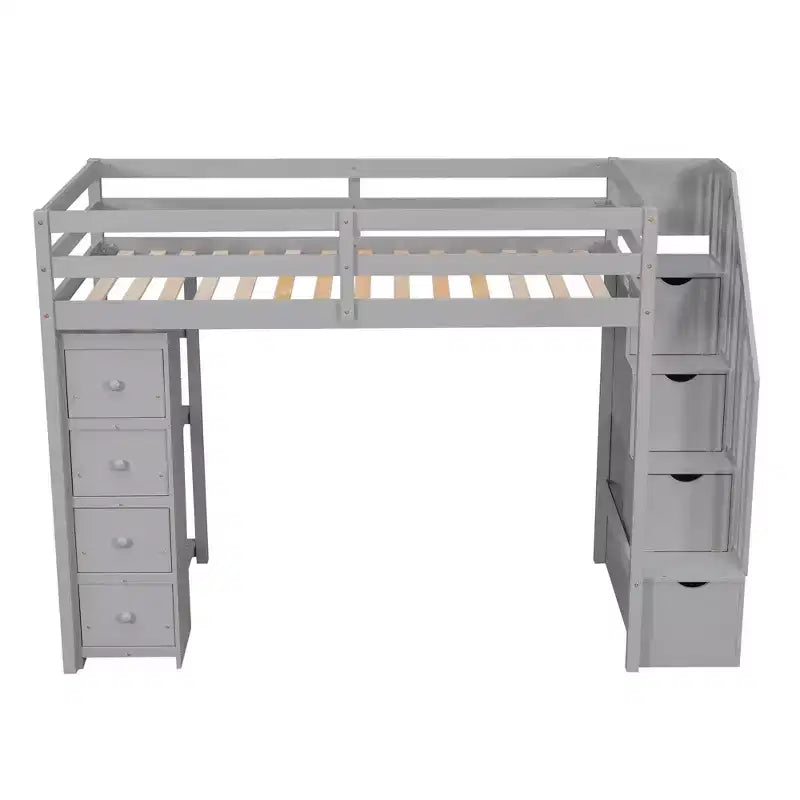 Whisen Twin size Wooden Loft Bed with Storage Drawers and Stairs, Shelves