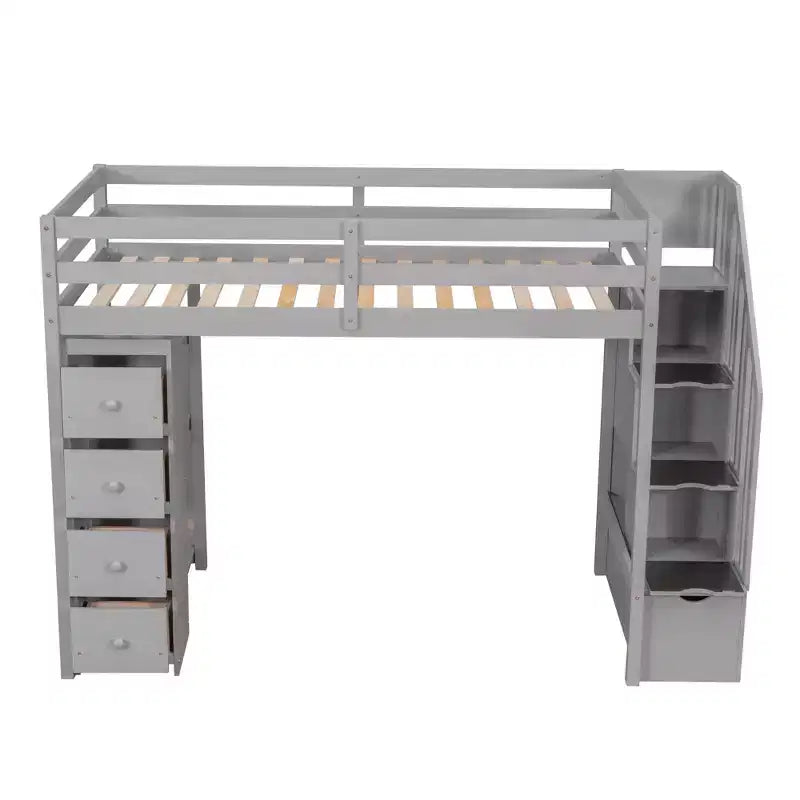 Whisen Twin size Wooden Loft Bed with Storage Drawers and Stairs, Shelves